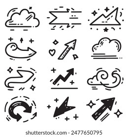 A Collection of Scribble Arrow Strokes in Varied Sizes and Directions