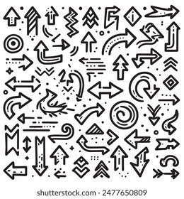 A Collection of Scribble Arrow Strokes in Varied Sizes and Directions