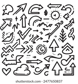 A Collection of Scribble Arrow Strokes in Varied Sizes and Directions