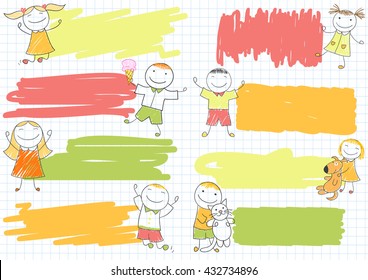 Collection of scribble banners with happy boys and girls. Sketch on notebook page in doodle style. Can be used for baby and scrapbooking design