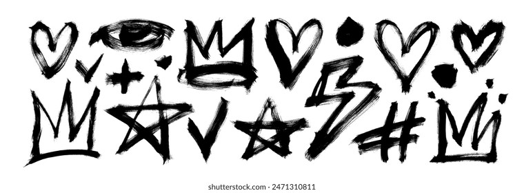 Collection of scribble doodle shapes with dry brush texture. Hand drawn crowns, stars, eye, lightning and hearts. Brush drawn graffiti and grunge style elements. Vector shapes in punk style.