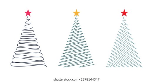 Collection of scribbled Christmas trees. Colorful vector illustrations. Beautiful Christmas trees for Christmas cards.