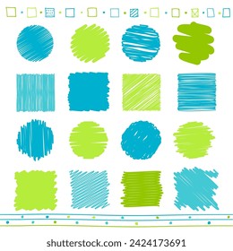 Collection of  scribbled circular and square elements with hand drawn style of green and blue color. Set of doodle decor. Simple sketch line style of round and squared form. Vector illustration EPS8