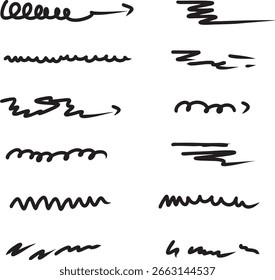 Collection of scribbled doodles. Line pattern, wavy lines, loops, and jagged strokes