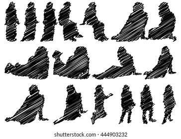 Collection of Scribbled Female Silhouettes on White Background