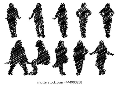 Collection of Scribbled Female Silhouettes on White Background