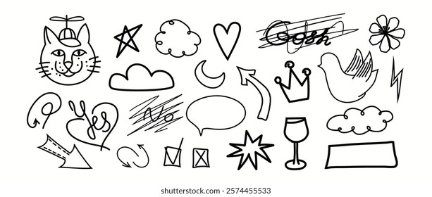 Collection scribbles. Trendy hand drawn. Doodle. Vector. Cat,arrow, heart, clouds, tick, bird, star. Editable stroke. Pencil. Element, shapes. Line and underline. Mark. Curve. Abstract . Brush texture