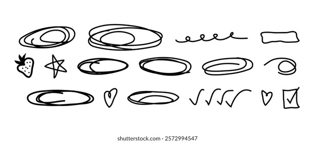 Collection scribbles. Trendy style. Hand drawn. Doodle. Vector. Textbox, bubbles. Frame. Editable stroke. Pencil. Element, shapes design. Line and underline. Mark. Curves. Abstract . Brush texture