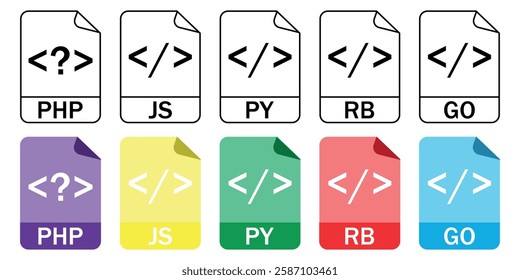 Collection of scripting and programming file format icons (PHP, JS, PY, RB, GO) in outline and color styles. Ideal for wen development and coding projects.