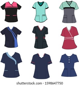 A collection of scrubs uniforms for nurses and doctors