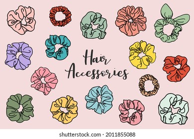 Collection of scrunchie illustrations. Bundle of separate, vector hair tie fashion accessory drawings on pink background.