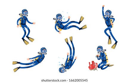 Collection of Scuba Divers, Underwater Free Diver Swimming in the Sea or Ocean Vector Illustration