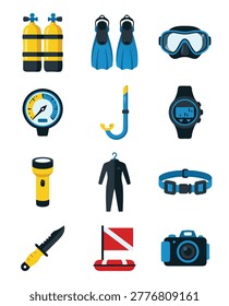 Collection of scuba diving equipment in flat design style isolated on white background