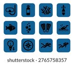 Collection of scuba diving icons on a blue background, representing equipment and activities.