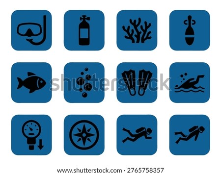 Collection of scuba diving icons on a blue background, representing equipment and activities.