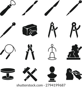 Collection of sculpting tools, including cutters, clay, and drawing compasses, for diverse artistic endeavors.