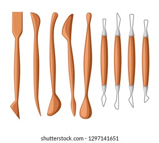 Collection of sculpting tools. Set of clay modeling instrument. Wood and metal material. Flat vector illustration isolated on white background.