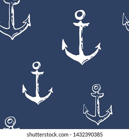 Collection of sea anchor ink doodles on blue backdrop. Seamless pattern. Endless texture. Can be used for printed materials. Vacation holiday background. Hand drawn design elements. Festive print.