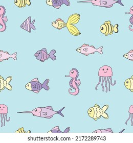 collection of sea animal illustration on blue background. cute marine life, pastel color. hand drawn vector. seamless pattern with fish, seahorse and jellfish. wallpaper, wrapping paper, fabric, cover