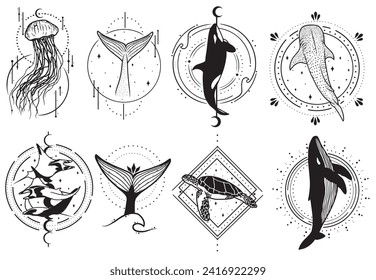 Colección de animales marinos con el diseño abstracto. Arte animal minimalista y geométrico.
