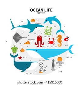 Collection of sea animals arranged in a circle. Flat style illustration isolated on background. Oceanarium collection for children books and posters.  
