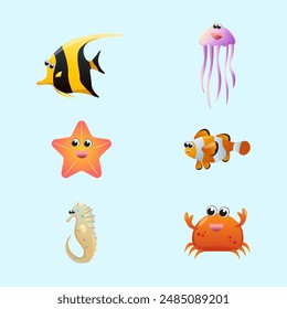 collection of sea animals in cartoon style