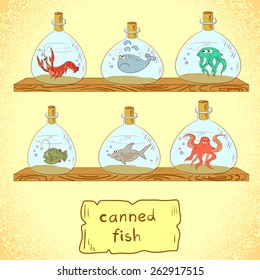 Collection of sea animals. Comic vector illustration. 