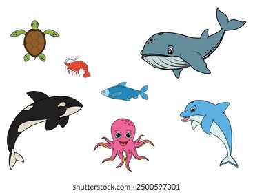Collection of sea animals in flat style isolated on white background. Vector illustration of fish, shrimp, whale, dolphin, octopus, orca