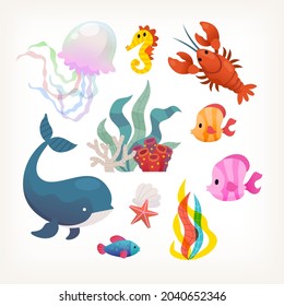 Collection of sea animals and plants. Fish lobsters mammals and sea weeds. Isolated vector images.