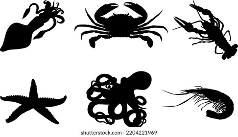 Collection of sea animals silhouettes. Crab, crayfish, octopus, starfish, squid, shrimp. The silhouette is black.