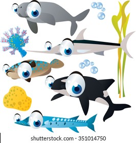 collection of sea animals. USeful for fish labels, apps or books illustration, isolated on white. Dugong, swordfish, flounder, orca, barracuda