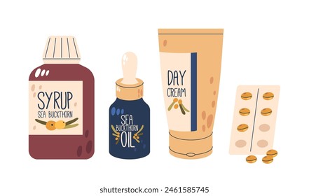 Collection Of Sea Buckthorn Products, Including Oil In A Dropper Bottle, Syrup In A Jar, A Tube Of Day Cream And Pills