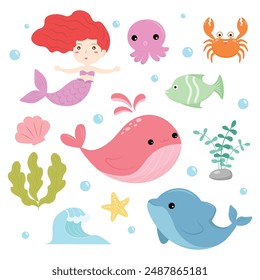 Collection of Sea creature characters in cartoon vector isolated on background