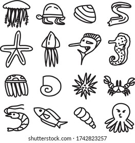A Collection of sea creature with doodle cartoon style