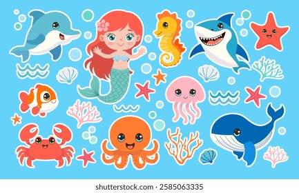 A collection of sea creatures including a mermaid, octopus, and shark. The mermaid is smiling and waving, while the shark has its mouth wide open. The scene is bright and colorful