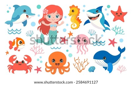 A collection of sea creatures, including a mermaid, a shark, and a whale, are depicted in a colorful and playful style. Concept of fun and adventure