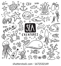 Collection of sea doodles - sea creatures, fish, octopuses, starfish etc. Can illustrate any topic about underwater, marine life etc...