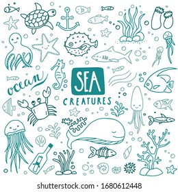 Collection of sea doodles - sea creatures, fish, octopuses, starfish etc. Can illustrate any topic about underwater, marine life etc...