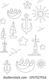 collection of the sea icons, starfish, anchors, lighthouse, waves.