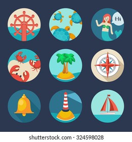 collection of sea icons, vector illustration for your design, printing on T-shirt brand name