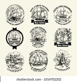 Collection of sea illustration retro style. Old gravure style. Ink and pen artwork.