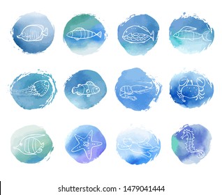 Collection of sea life animals doodle icons on artistic blue spots with watercolor texture. Stock vector set. Abstract marine background. Hand drawn decorative elements. Water, sea, ocean. Underwater.