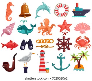 Collection of sea life and nautical elements with lighthouse, island, lifebuoy, vessel, binoculars, helm isolated vector illustration