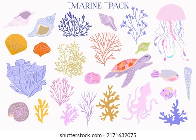 Collection of sea life, seaweed, sea shells, corals and animals. Editable Vector illustration.