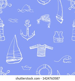 Collection of sea marine ink doodles on white backdrop. Seamless pattern. Endless texture. Can be used for printed materials. Vacation holiday background. Hand drawn design elements. Festive print.