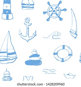 Collection of sea marine ink doodles on white backdrop. Seamless pattern. Endless texture. Can be used for printed materials. Vacation holiday background. Hand drawn design elements. Festive print.