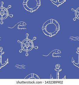 Collection of sea marine ink doodles on blue backdrop. Seamless pattern. Endless texture. Can be used for printed materials. Vacation holiday background. Hand drawn design elements. Festive print.