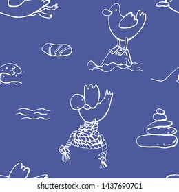 Collection of sea marine ink doodles on blue backdrop. Seamless pattern. Endless texture. Can be used for printed materials. Vacation holiday background. Hand drawn design elements. Festive print.