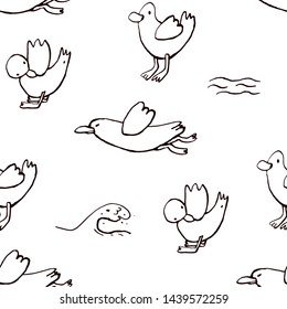 Collection of sea marine ink doodles on white backdrop. Seamless pattern. Endless texture. Can be used for printed materials. Vacation holiday background. Hand drawn design elements. Festive print.