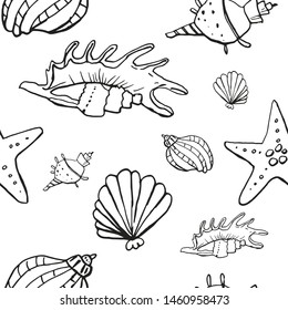 Collection of sea marine ink doodles on white backdrop. Seamless pattern. Endless texture. Can be used for printed materials. Vacation holiday background. Hand drawn design elements. Festive print.